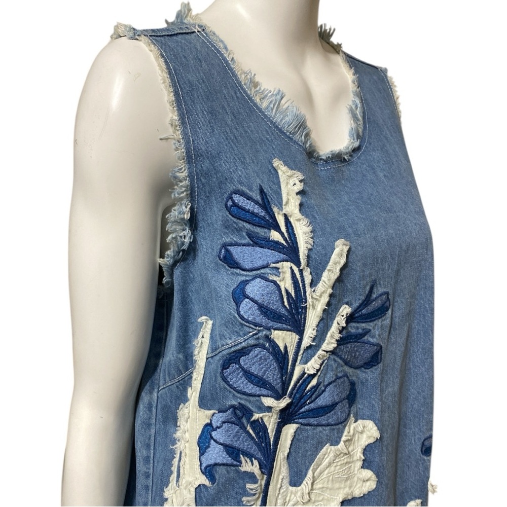 Anthropologie Dor Dor Couture Denim Dress Floral Applique Fray Sleeveless XLarge - Picture 13 of 16
